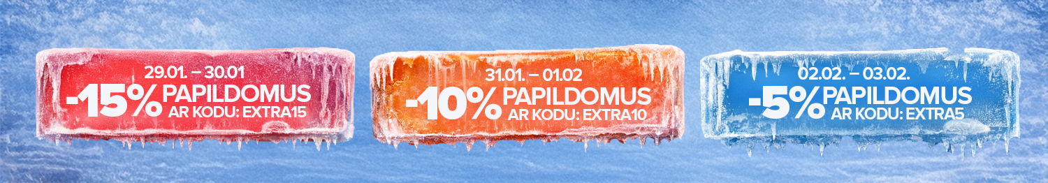 Noslēdzo&scaron;ās izpārdo&scaron;anas pēdējās dienas! Saņem papildu atlaides ar kodiem EXTRA15, EXTRA10 un EXTRA5. Pasteidzies iepirkties!